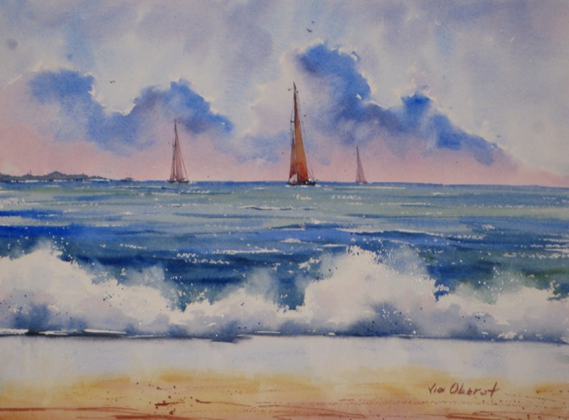 landscape, seascape, beach, surf, waves, clouds, boat, sailboat, original watercolor painting, oberst
